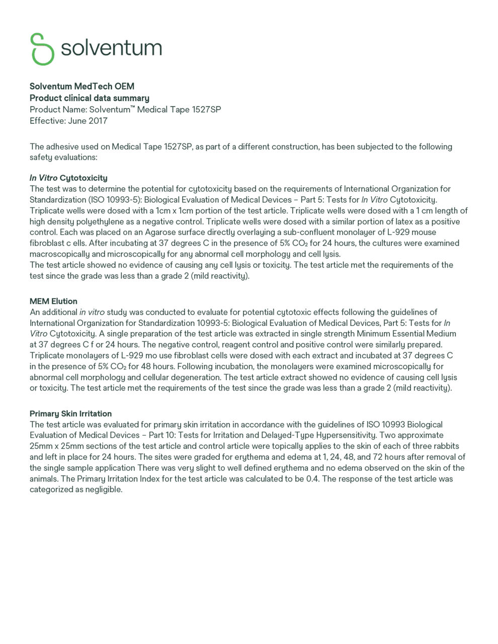 Solventum™ Medical Tape 1527SP Product clinical data summary