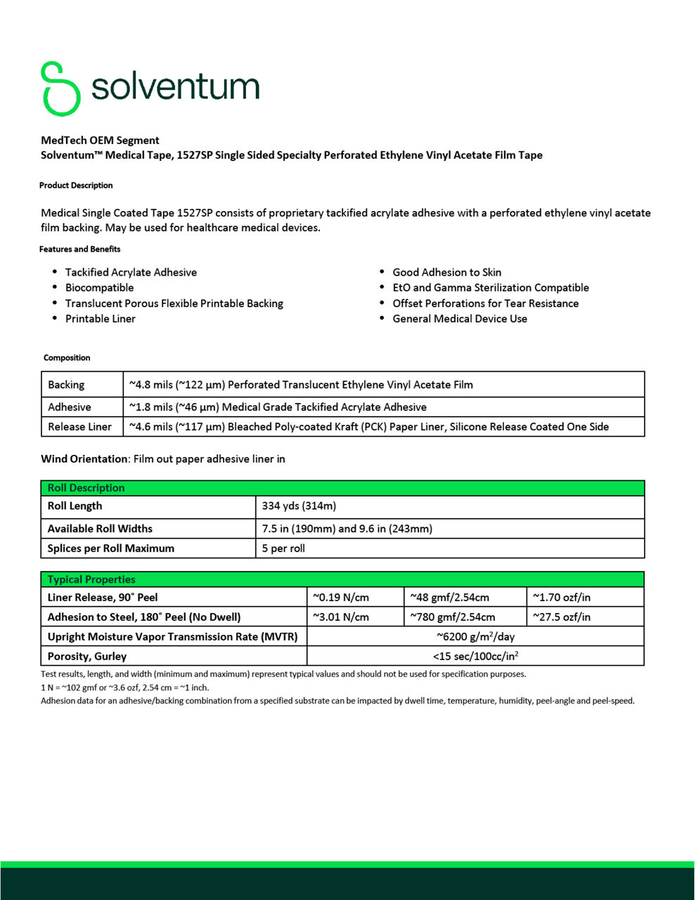 Solventum™ Medical Tape 1527SP Technical Information Sheet