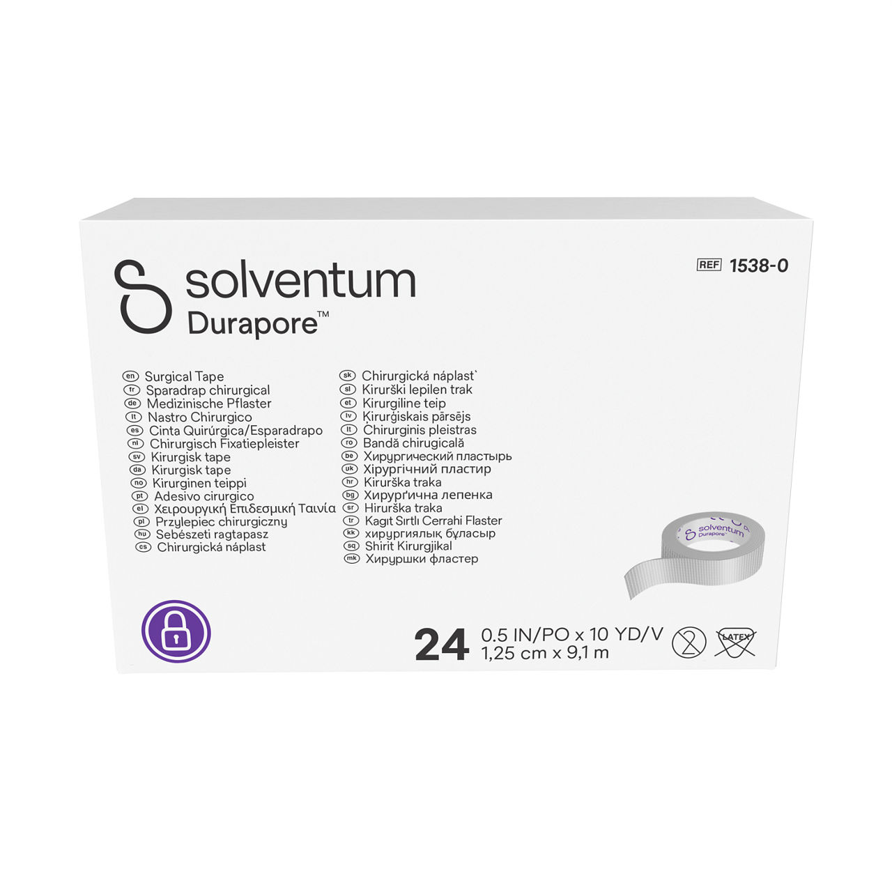 Solventum™ Durapore™ Surgical Tape, 1538-0, 1,25 cm x 9,1 m (0.5 IN/PO x 10 YD/V), 24/CAR
