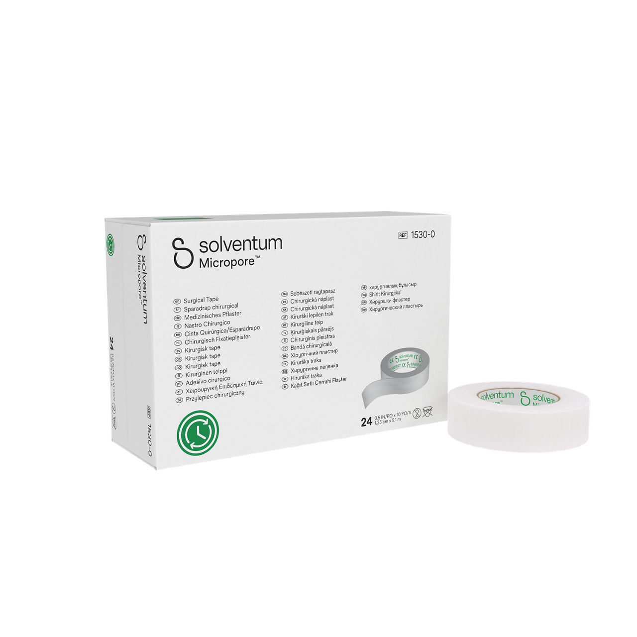 Solventum™ Micropore™ Surgical Tape, 1530-0 - Front, Left, In and Out of Packaging (1L10)