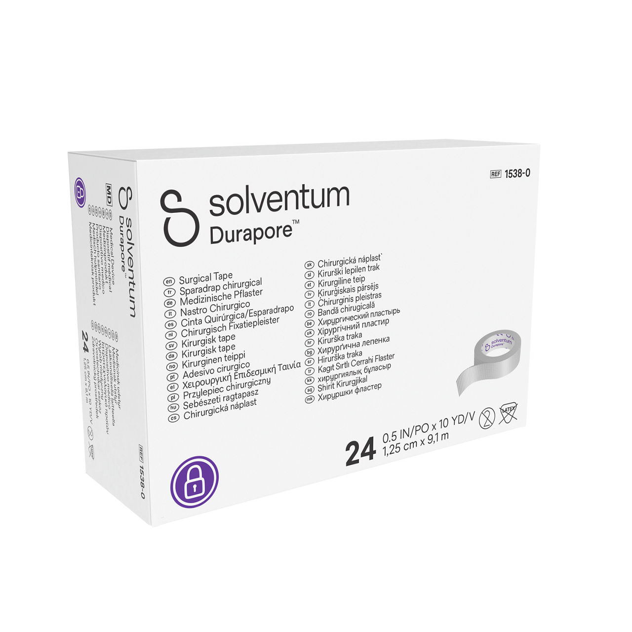Solventum™ Durapore™ Surgical Tape, 1538-0, 0.5 in x 10 yd (1.25 cm x9.1 m), 24/CAR - Front, Left, In Packaging (1L1)