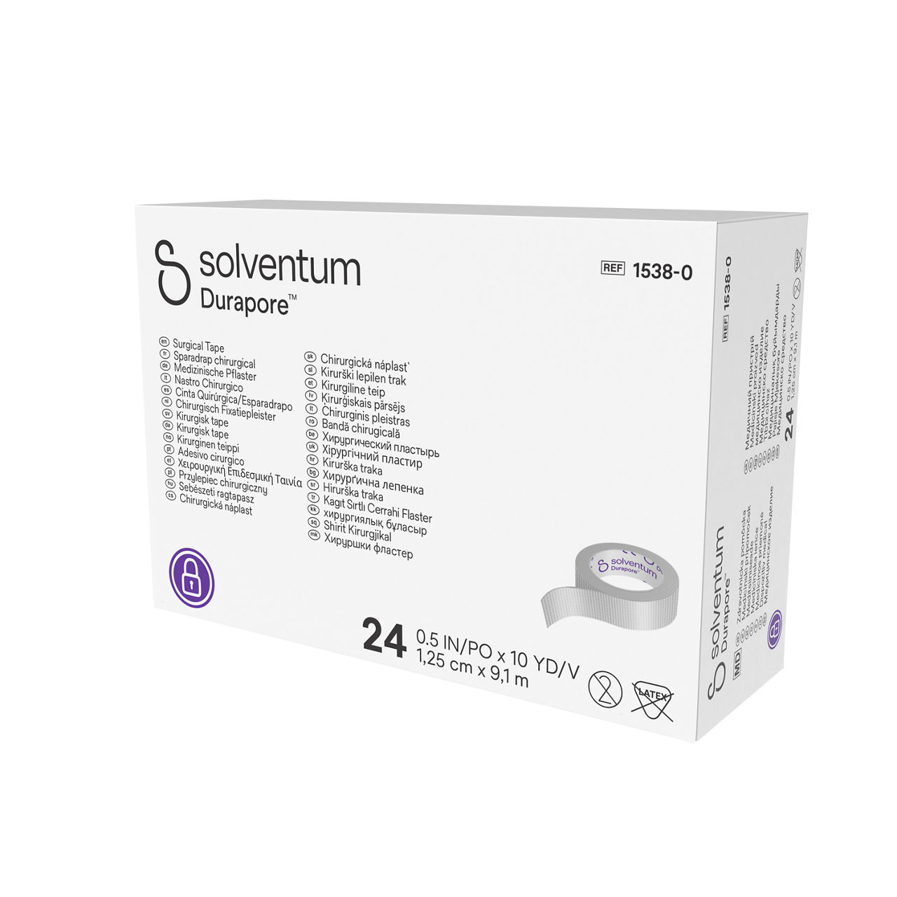 Solventum™ Durapore™ Surgical Tape, 1538-0, 0.5 in x 10 yd (1.25 cm x9.1 m), 24/CAR - Front, Right, In Packaging (1R1)