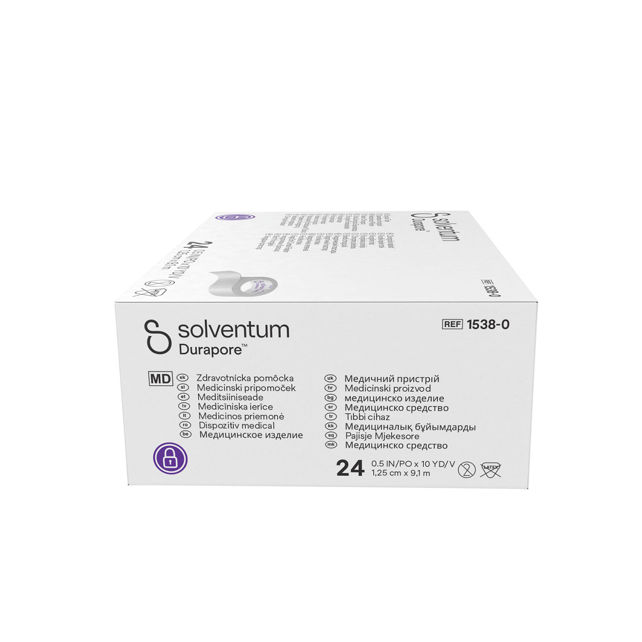 Solventum™ Durapore™ Surgical Tape, 1538-0, 0.5 in x 10 yd (1.25 cm x9.1 m), 24/CAR - Left, Center, In Packaging (2C1)