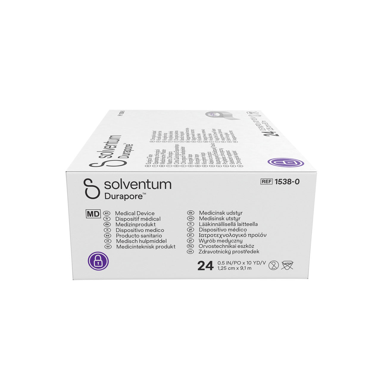 Solventum™ Durapore™ Surgical Tape, 1538-0, 0.5 in x 10 yd (1.25 cm x9.1 m), 24/CAR - Right, Center, In Packaging (8C1)