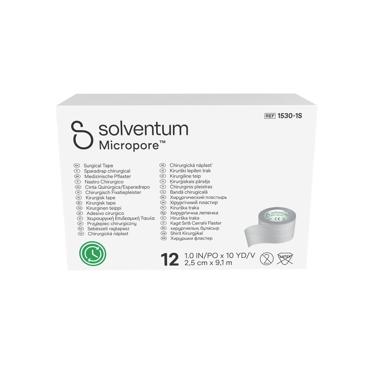 Solventum™ Micropore™ Surgical Tape, 1530-1S - Front, Center, In Packaging (1C1)