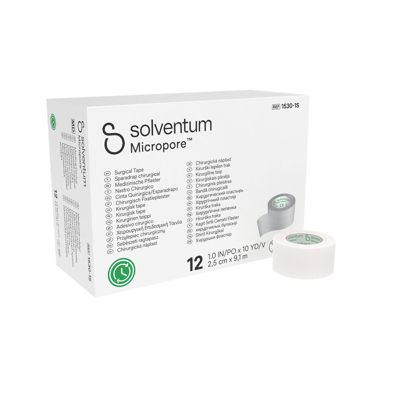 Solventum™ Micropore™ Surgical Tape, 1530-1S - Front, Left, In and Out of Packaging (1L10)
