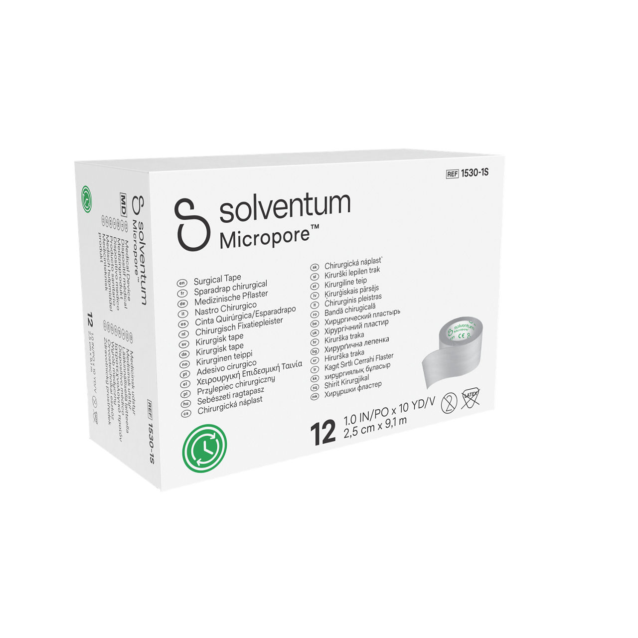 Solventum™ Micropore™ Surgical Tape, 1530-1S - Front, Left, In Packaging (1L1)