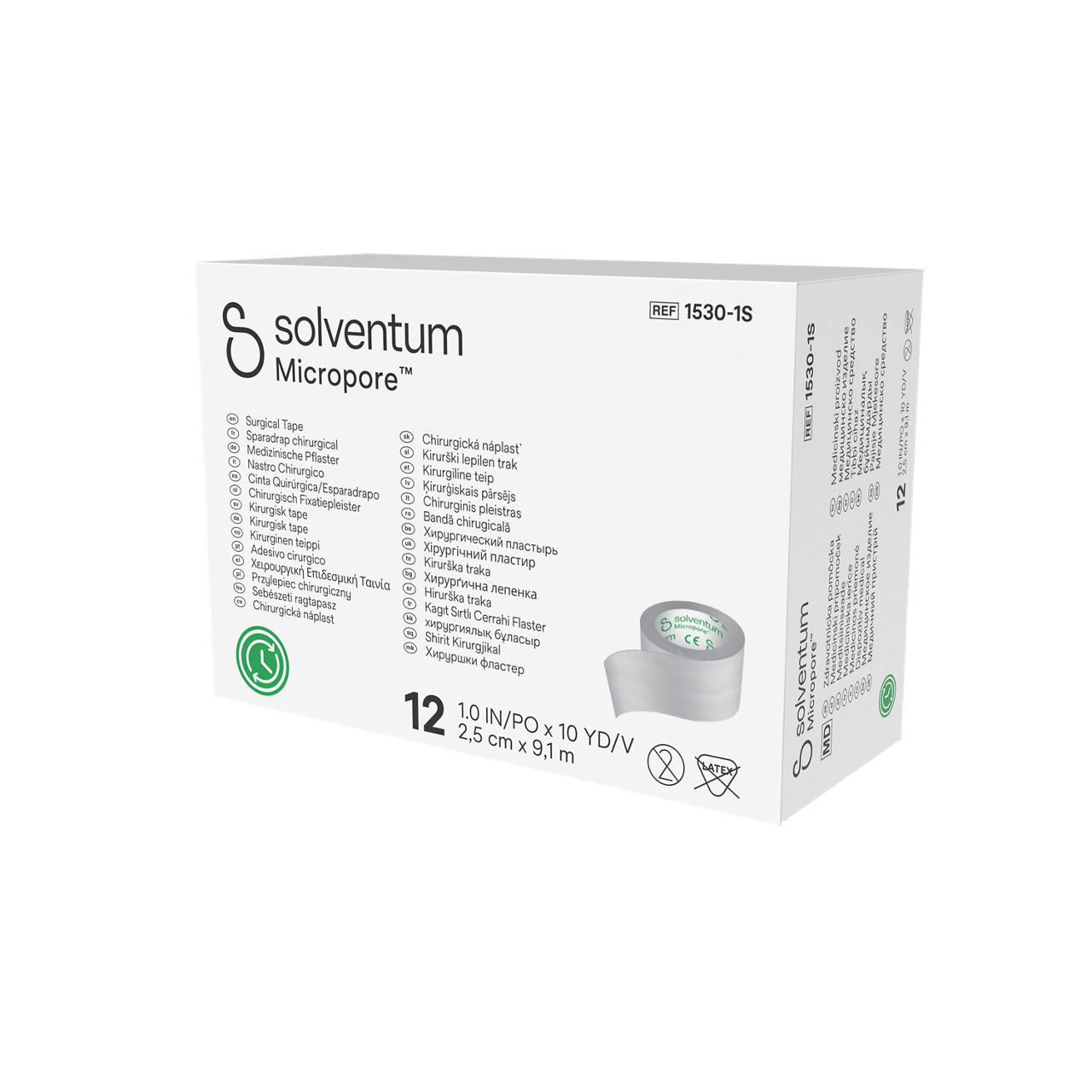 Solventum™ Micropore™ Surgical Tape, 1530-1S - Front, Right, In Packaging (1R1)