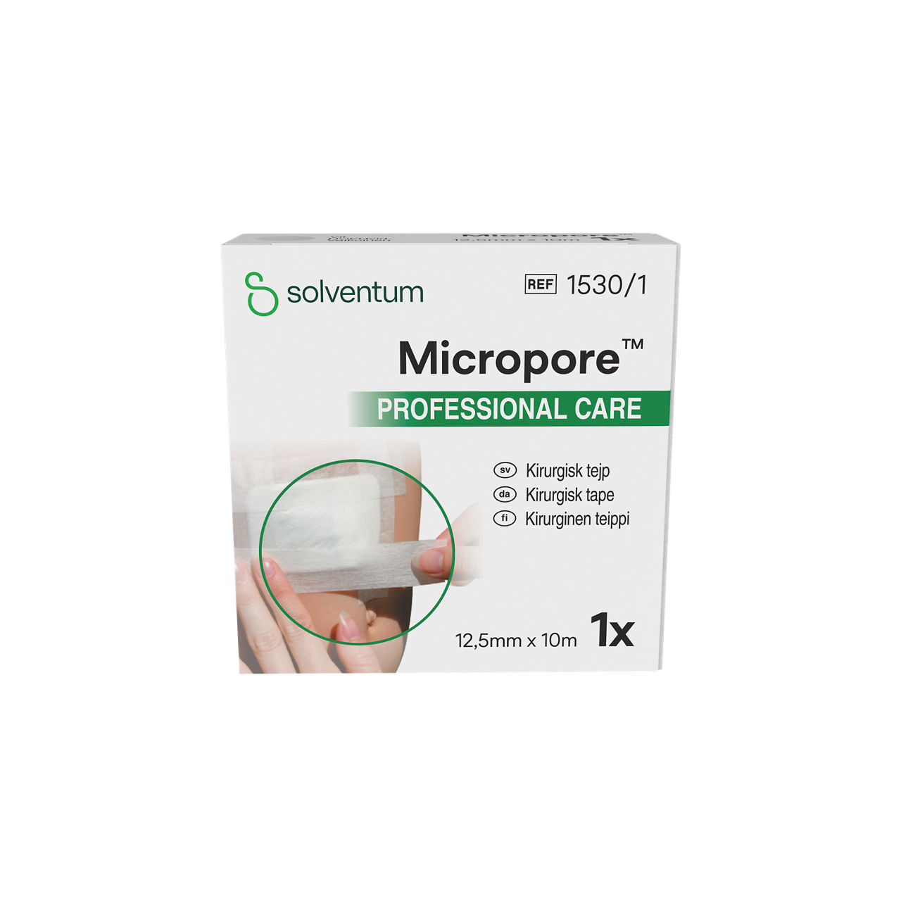 Solventum™ Micropore™ Surgical Tape, 1530/1, 0.5 in x 10.936 yd (1.25 cm x 10 m), 24/PAC, 10 PAC/CS, 240/CS - Front, Center, In Packaging (1C1)