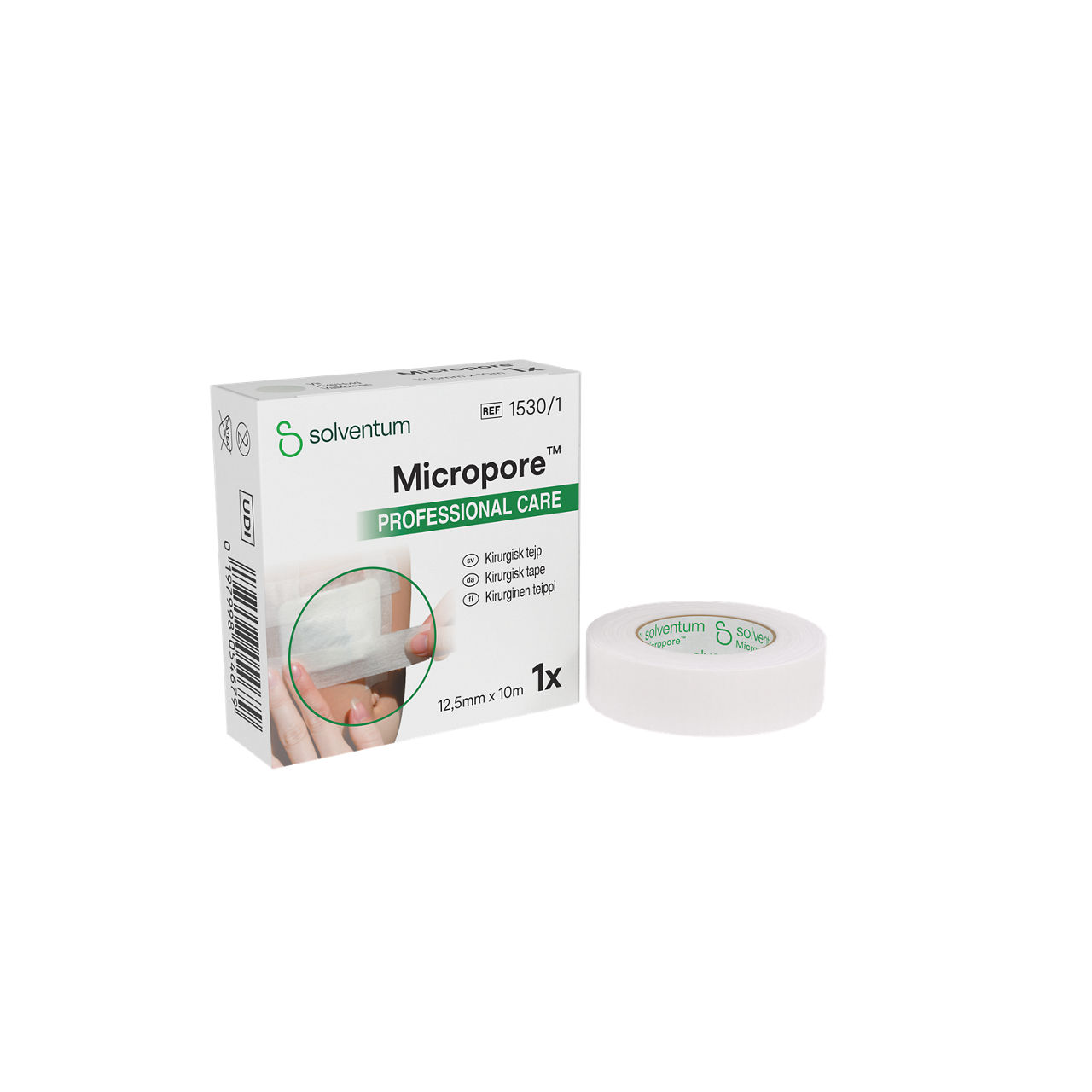 Solventum™ Micropore™ Surgical Tape, 1530/1, 0.5 in x 10.936 yd (1.25 cm x 10 m), 24/PAC, 10 PAC/CS, 240/CS - Front, Left, In and Out of Packaging (1L10)