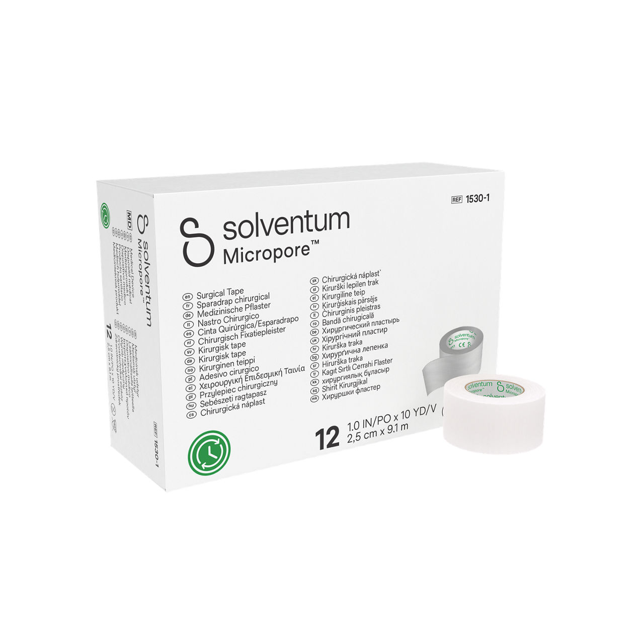 Solventum™ Micropore™ Surgical Tape, 1530-1 - Front, Left, In and Out of Packaging (1L10)
