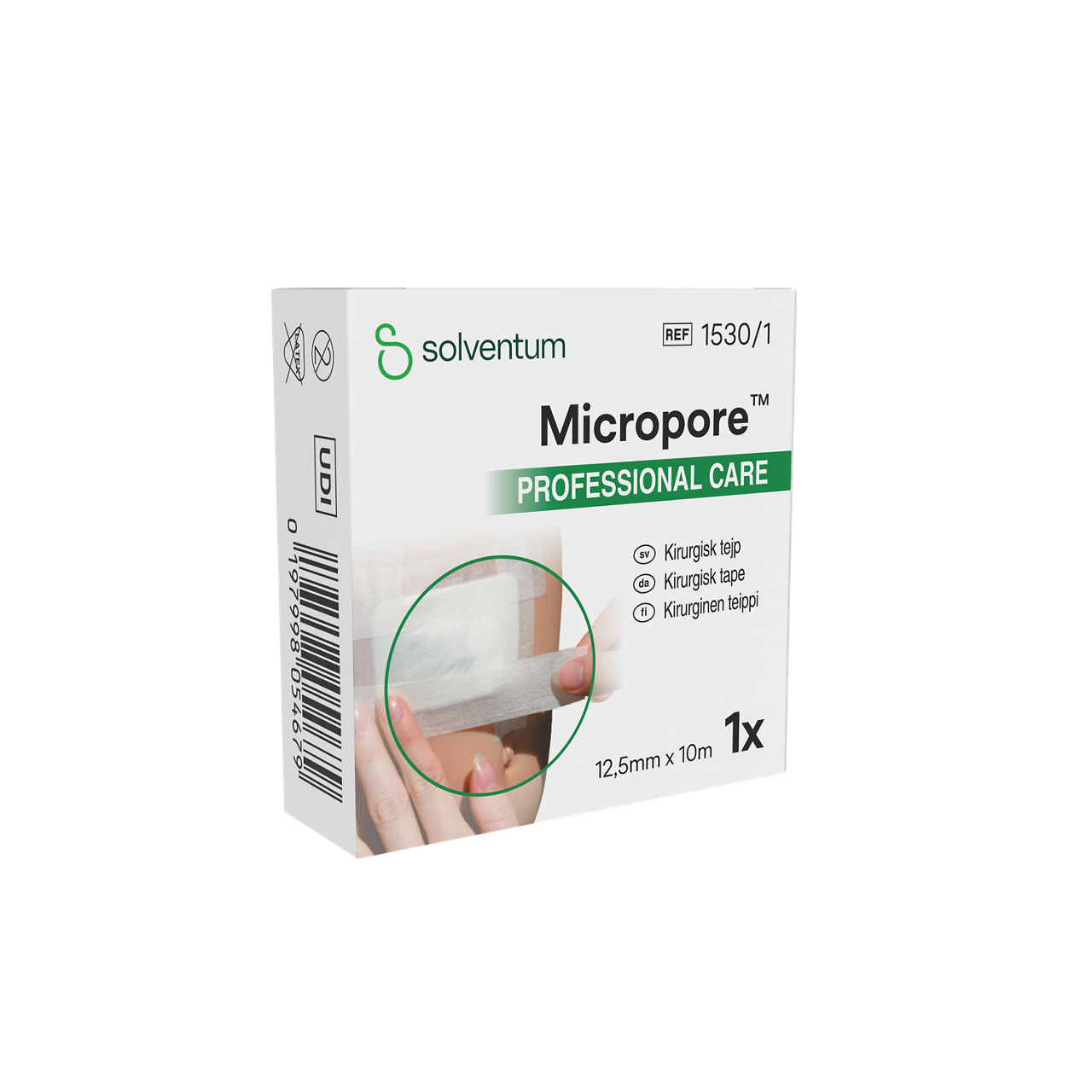 Solventum™ Micropore™ Surgical Tape, 1530/1, 0.5 in x 10.936 yd (1.25 cm x 10 m), 24/PAC, 10 PAC/CS, 240/CS - Front, Left, In Packaging (1L1)