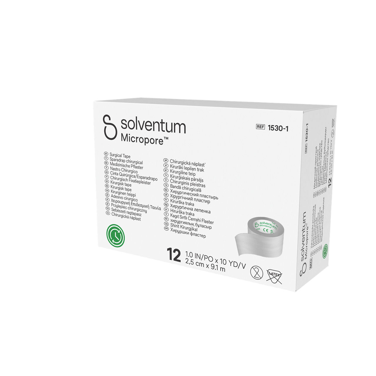 Solventum™ Micropore™ Surgical Tape, 1530-1 - Front, Right, In Packaging (1R1)