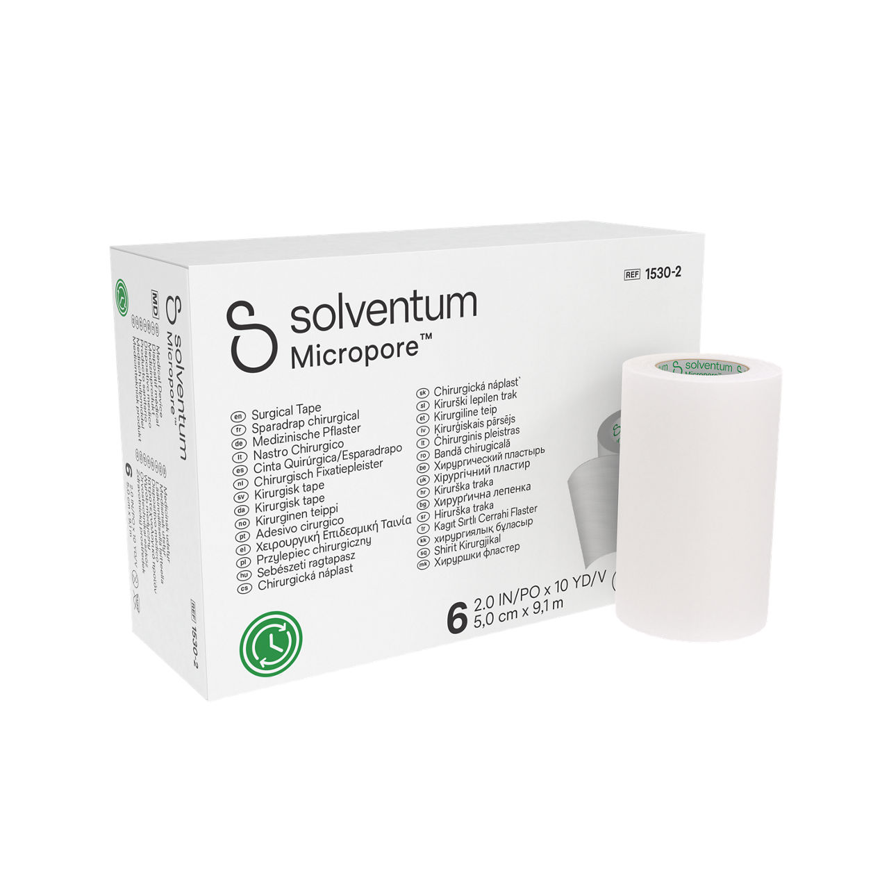 Solventum™ Micropore™ Surgical Tape, 1530-2 - Front, Left, In and Out of Packaging (1L10)