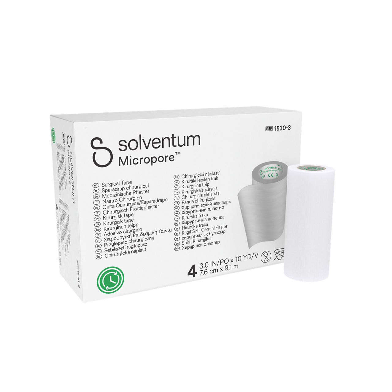 Solventum™ Micropore™ Surgical Tape, 1530-3 - Front, Left, In and Out of Packaging (1L10)
