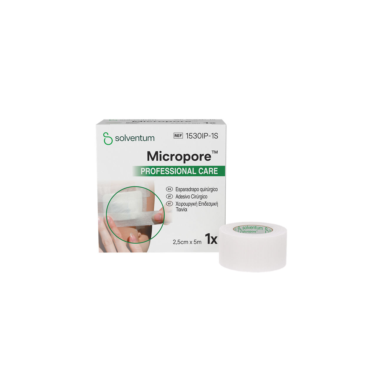 Solventum™ Micropore™ Professional Care Adesivo cirúrgico, 1530IP-1S, branco, 2,5 cm x 5 m (1 in x 5.5 yd), 12/CAR