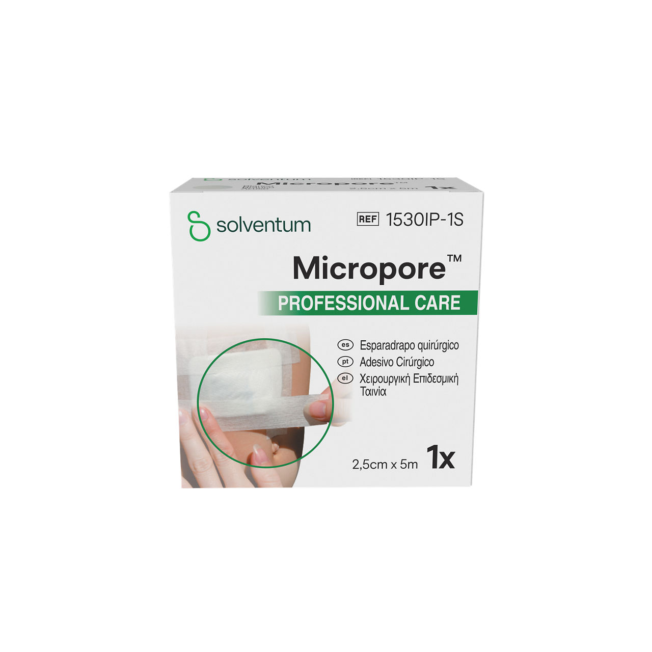 Solventum™ Micropore™ Surgical Tape, 1530IP-1S, 1 in x 5.5 yd (2.5 cm x 5 m), 120/CS - Front, Center, In Packaging (1C1)