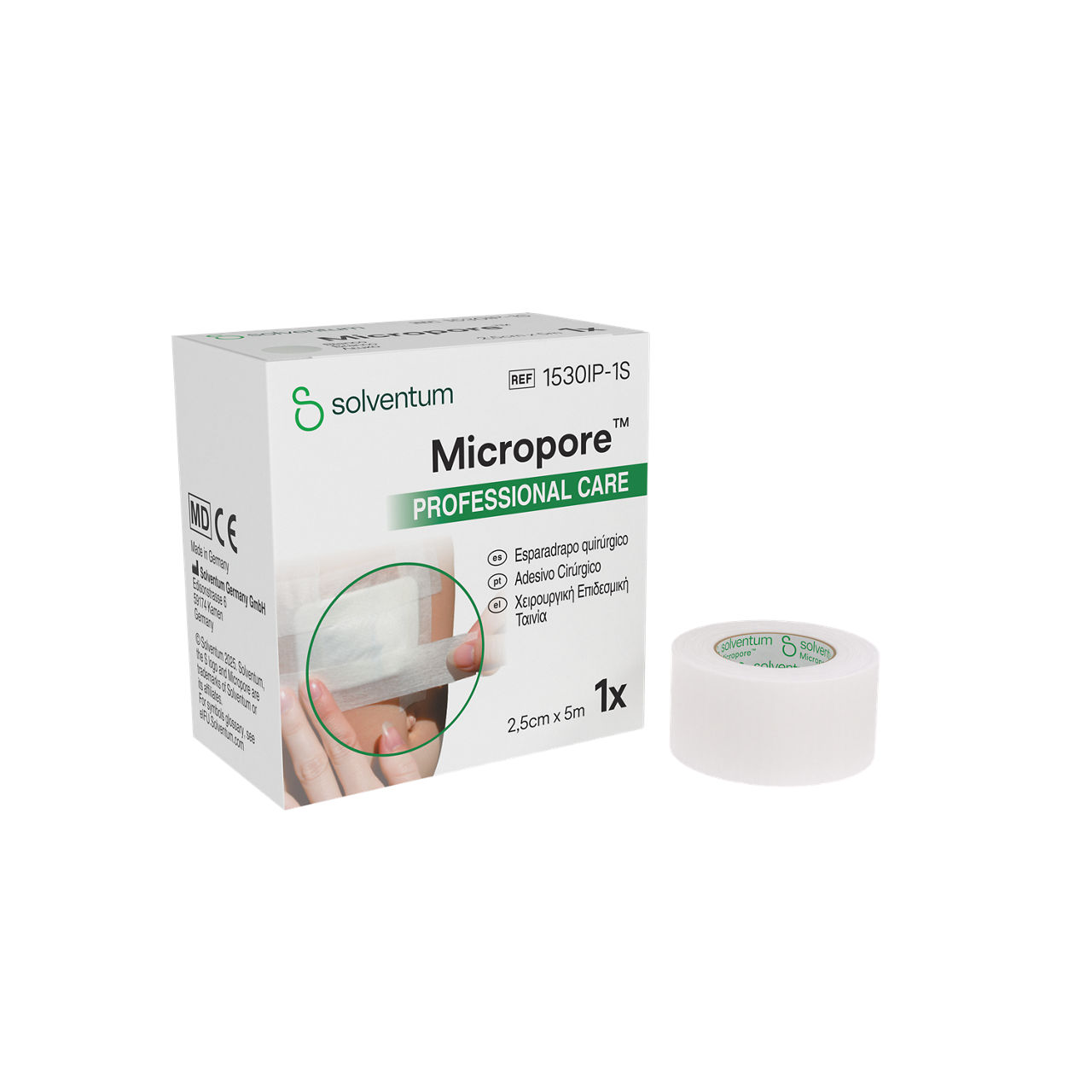 Solventum™ Micropore™ Surgical Tape, 1530IP-1S, 1 in x 5.5 yd (2.5 cm x 5 m), 120/CS - Front, Left, In and Out of Packaging (1L10)