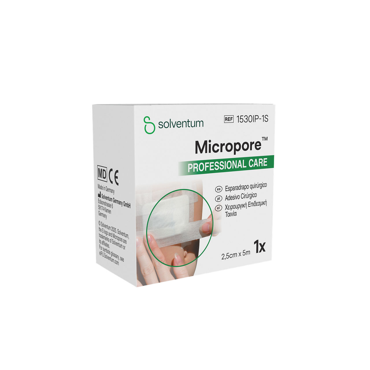 Solventum™ Micropore™ Surgical Tape, 1530IP-1S, 1 in x 5.5 yd (2.5 cm x 5 m), 120/CS - Front, Left, In Packaging (1L1)