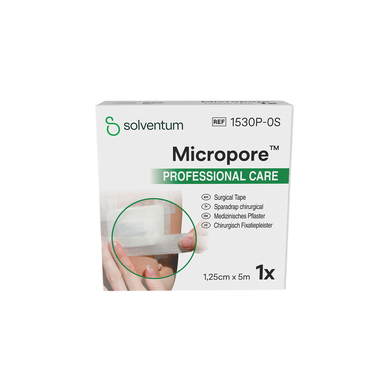 Solventum™ Micropore™ Surgical Tape, 1530P-0S, 0.5 in x 5.5 yd (1.25 cm x 5 m), 24/CAR, 10 CAR/CS, 240/CS - Front, Center, In Packaging (1C1)