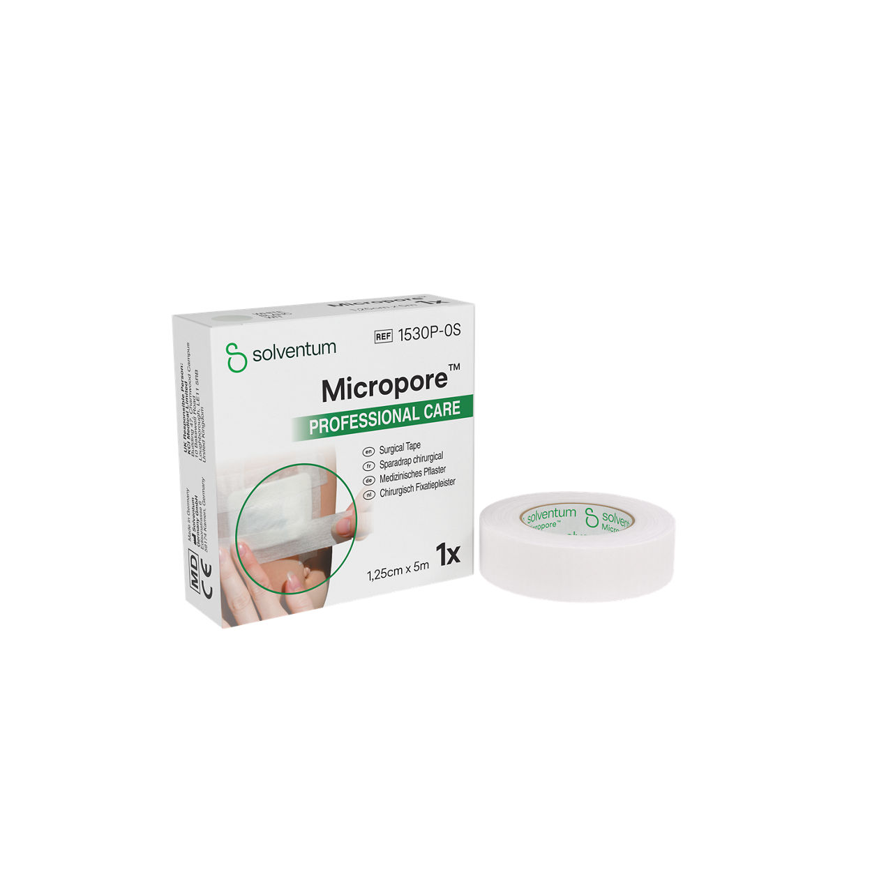 Solventum™ Micropore™ Surgical Tape, 1530P-0S, 0.5 in x 5.5 yd (1.25 cm x 5 m), 24/CAR, 10 CAR/CS, 240/CS - Front, Left, In and Out of Packaging (1L10)