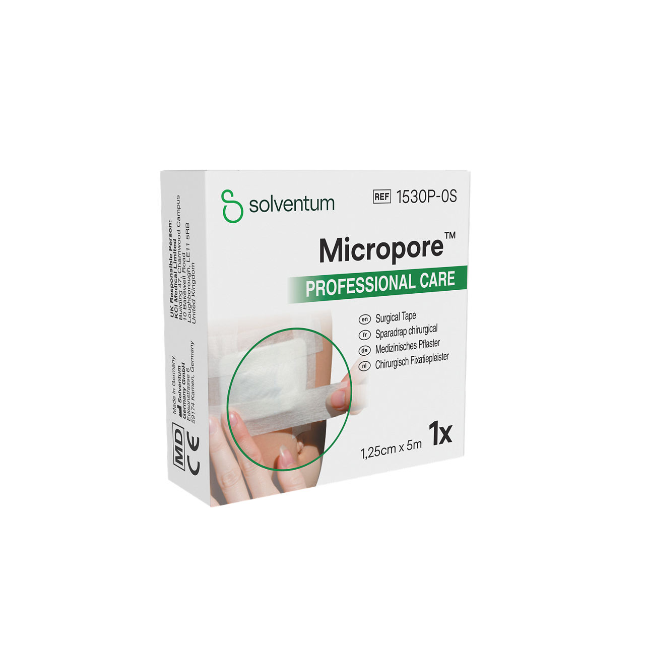 Solventum™ Micropore™ Surgical Tape, 1530P-0S, 0.5 in x 5.5 yd (1.25 cm x 5 m), 24/CAR, 10 CAR/CS, 240/CS - Front, Left, In Packaging (1L1)
