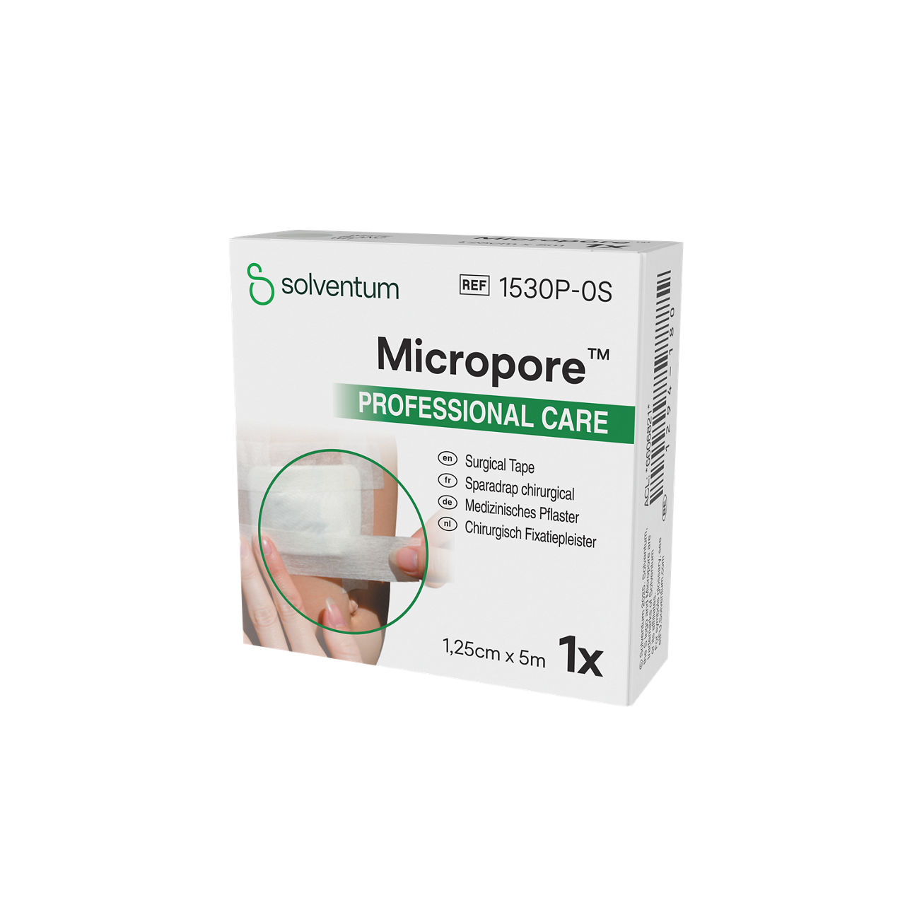 Solventum™ Micropore™ Surgical Tape, 1530P-0S, 0.5 in x 5.5 yd (1.25 cm x 5 m), 24/CAR, 10 CAR/CS, 240/CS - Front, Right, In Packaging (1R1)