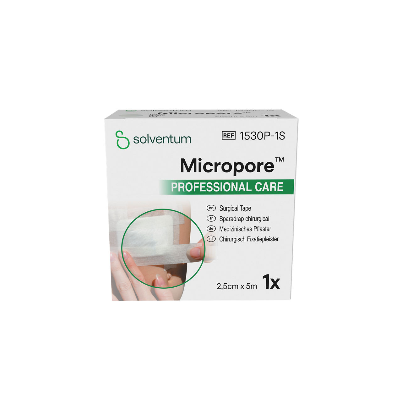 Solventum™ Micropore™ Surgical Tape, 1530P-1S, 1 in x 5.5 yd (2.5 cm x 5 m), 120/CS - Front, Center, In Packaging (1C1)
