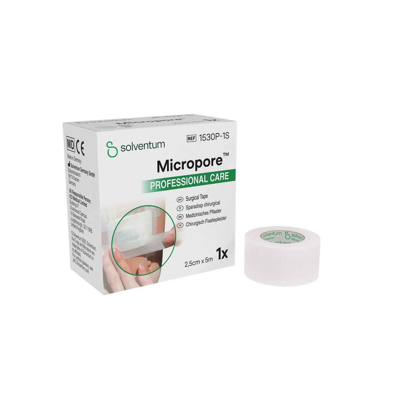 Solventum™ Micropore™ Surgical Tape, 1530P-1S, 1 in x 5.5 yd (2.5 cm x 5 m), 120/CS - Front, Left, In and Out of Packaging (1L10)
