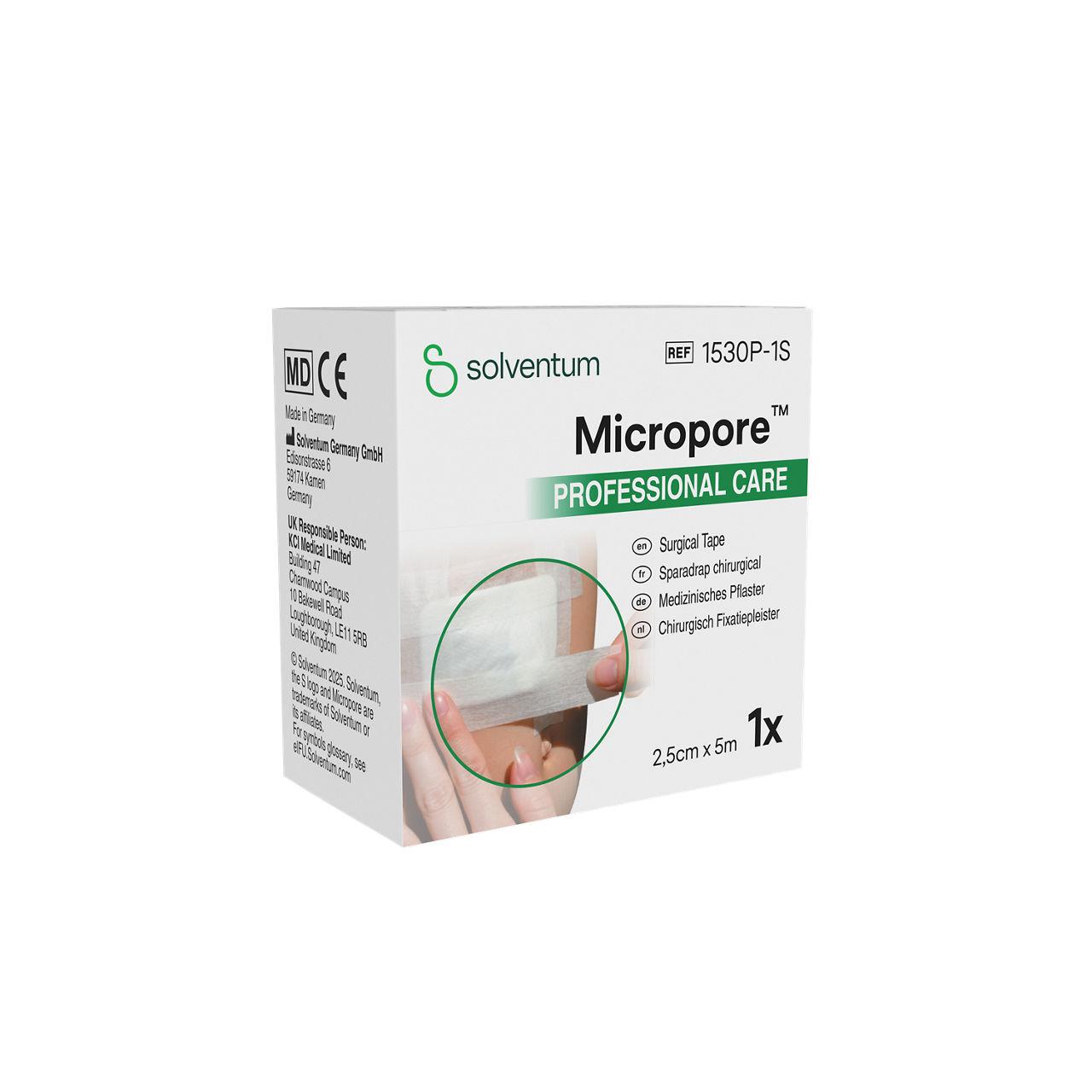 Solventum™ Micropore™ Surgical Tape, 1530P-1S, 1 in x 5.5 yd (2.5 cm x 5 m), 120/CS - Front, Left, In Packaging (1L1)