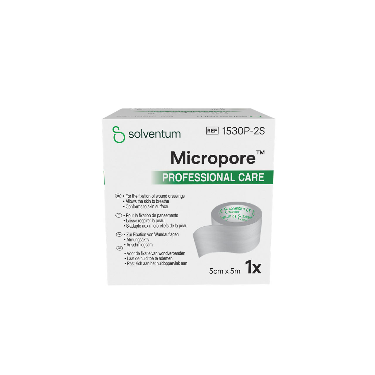 Solventum™ Micropore™ Surgical Tape, 1530P-2S, 2 in x 5.5 yd (5 cm x 5 m), 1/CAR - Front, Center, In Packaging (1C1)