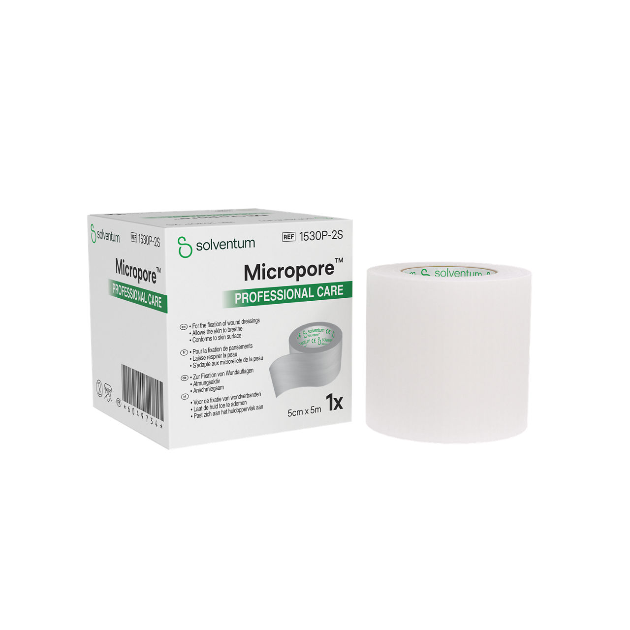 Solventum™ Micropore™ Surgical Tape, 1530P-2S, 2 in x 5.5 yd (5 cm x 5 m), 1/CAR - Front, Left, In and Out of Packaging (1L10)