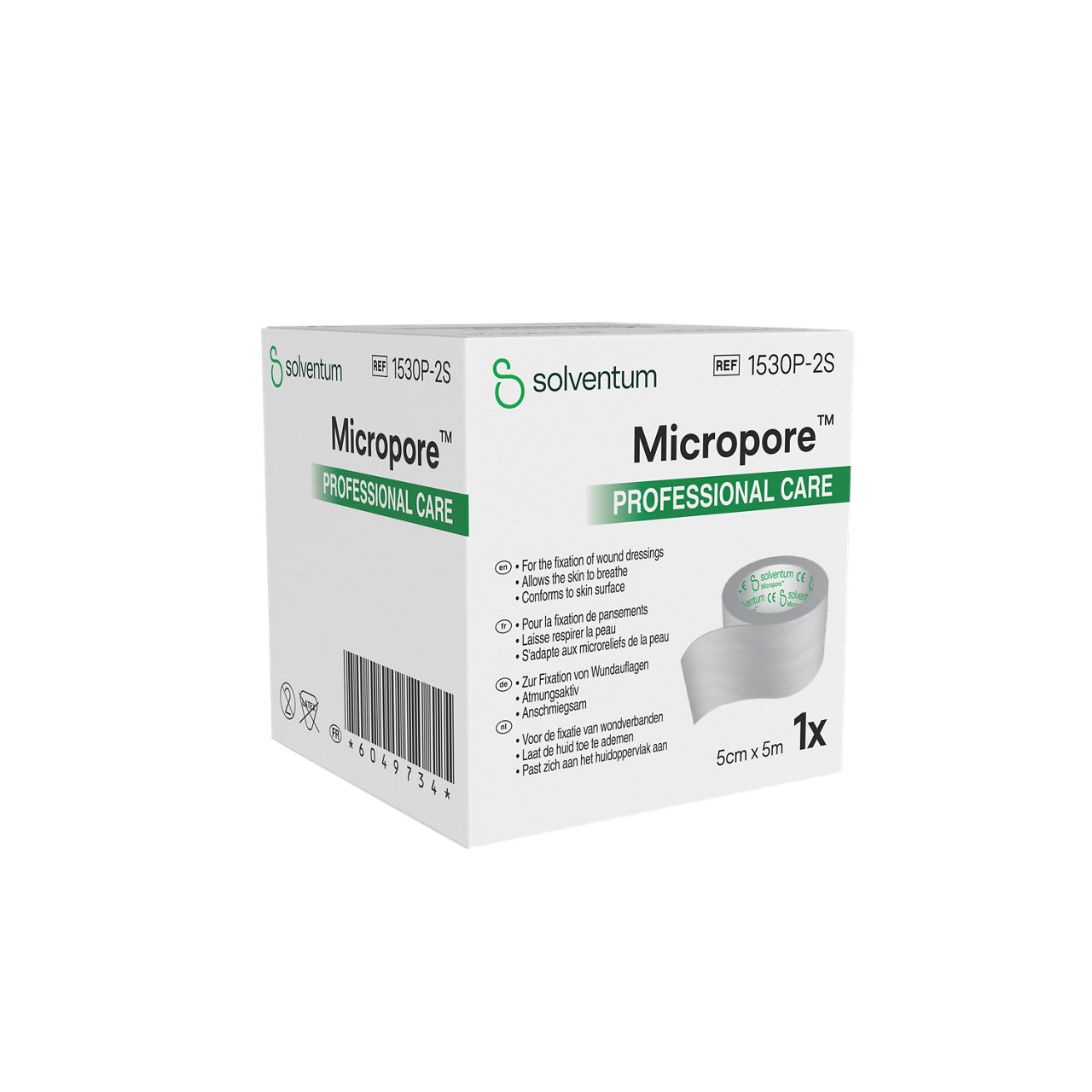 Solventum™ Micropore™ Surgical Tape, 1530P-2S, 2 in x 5.5 yd (5 cm x 5 m), 1/CAR - Front, Left, In Packaging (1L1)