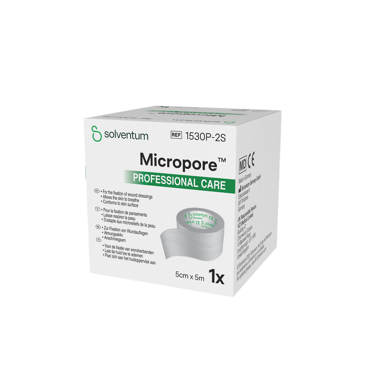 Solventum™ Micropore™ Surgical Tape, 1530P-2S, 2 in x 5.5 yd (5 cm x 5 m), 1/CAR - Front, Right, In Packaging (1R1)
