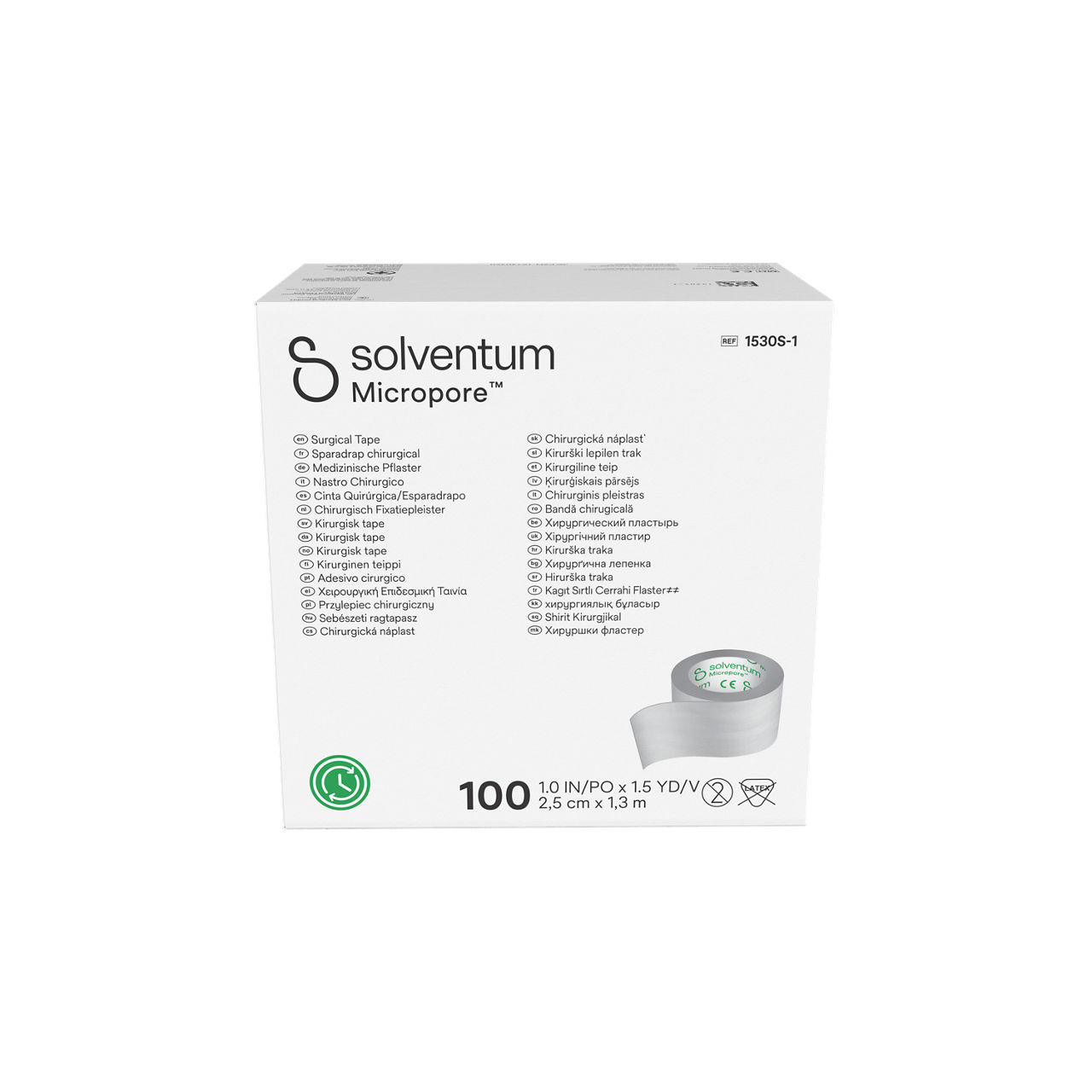 Solventum™ Micropore™ Surgical Tape, 1530S-1, 1 in x 1.5 yd  (2.5 cm x 1.372 m), Single Use, 100/CAR, 5 CAR/CS, 500/CS  - Front, Center, In Packaging (1C1)