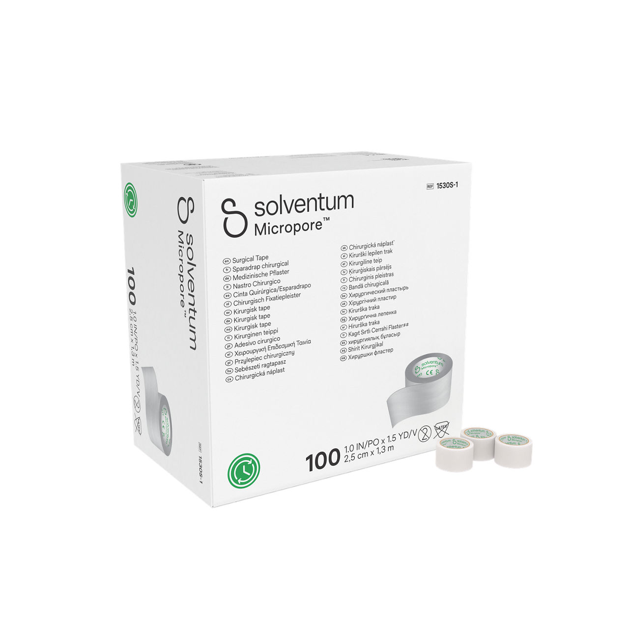 Solventum™ Micropore™ Surgical Tape, 1530S-1, 1 in x 1.5 yd  (2.5 cm x 1.372 m), Single Use, 100/CAR, 5 CAR/CS, 500/CS  - Front, Left, In and Out of Packaging (1L10)