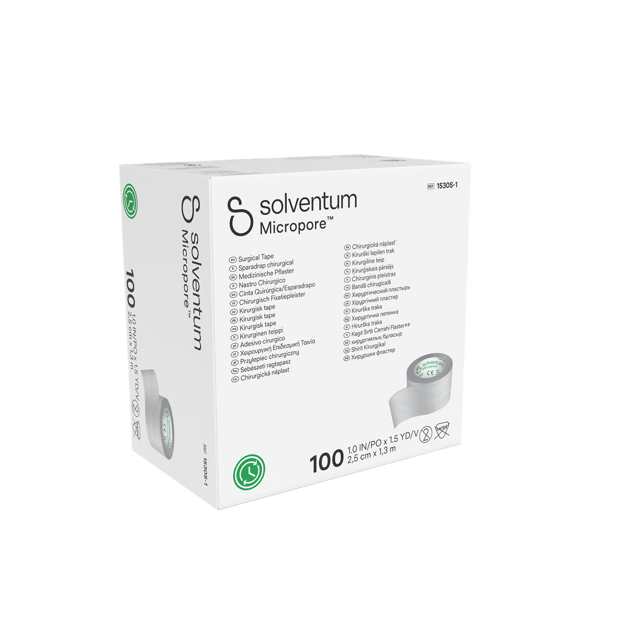 Solventum™ Micropore™ Surgical Tape, 1530S-1, 1 in x 1.5 yd  (2.5 cm x 1.372 m), Single Use, 100/CAR, 5 CAR/CS, 500/CS  - Front, Left, In Packaging (1L1)