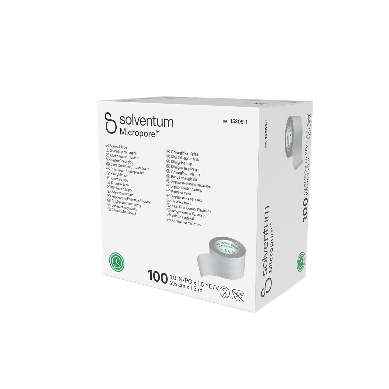 Solventum™ Micropore™ Surgical Tape, 1530S-1, 1 in x 1.5 yd  (2.5 cm x 1.372 m), Single Use, 100/CAR, 5 CAR/CS, 500/CS  - Front, Right, In Packaging (1R1)
