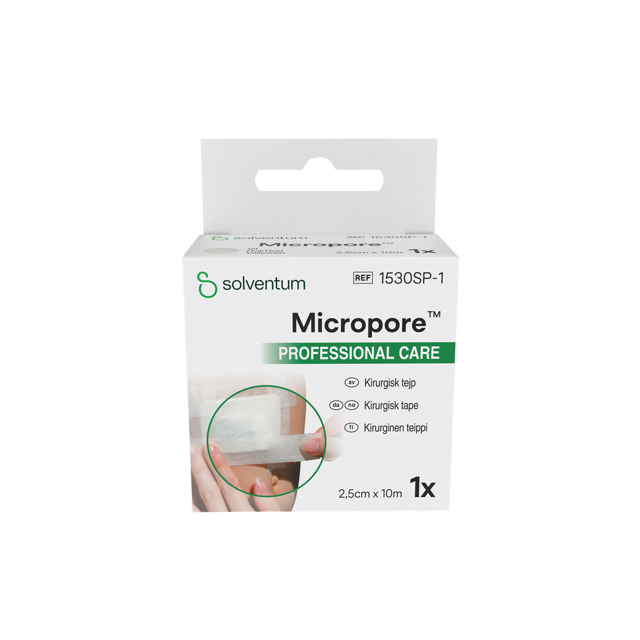 Solventum™ Micropore™ Surgical Tape, 1530SP-1, White, 1 in x 10.936 yd (2.5 cm x 10 m), 24/CS - Front, Center, In Packaging (1C1)