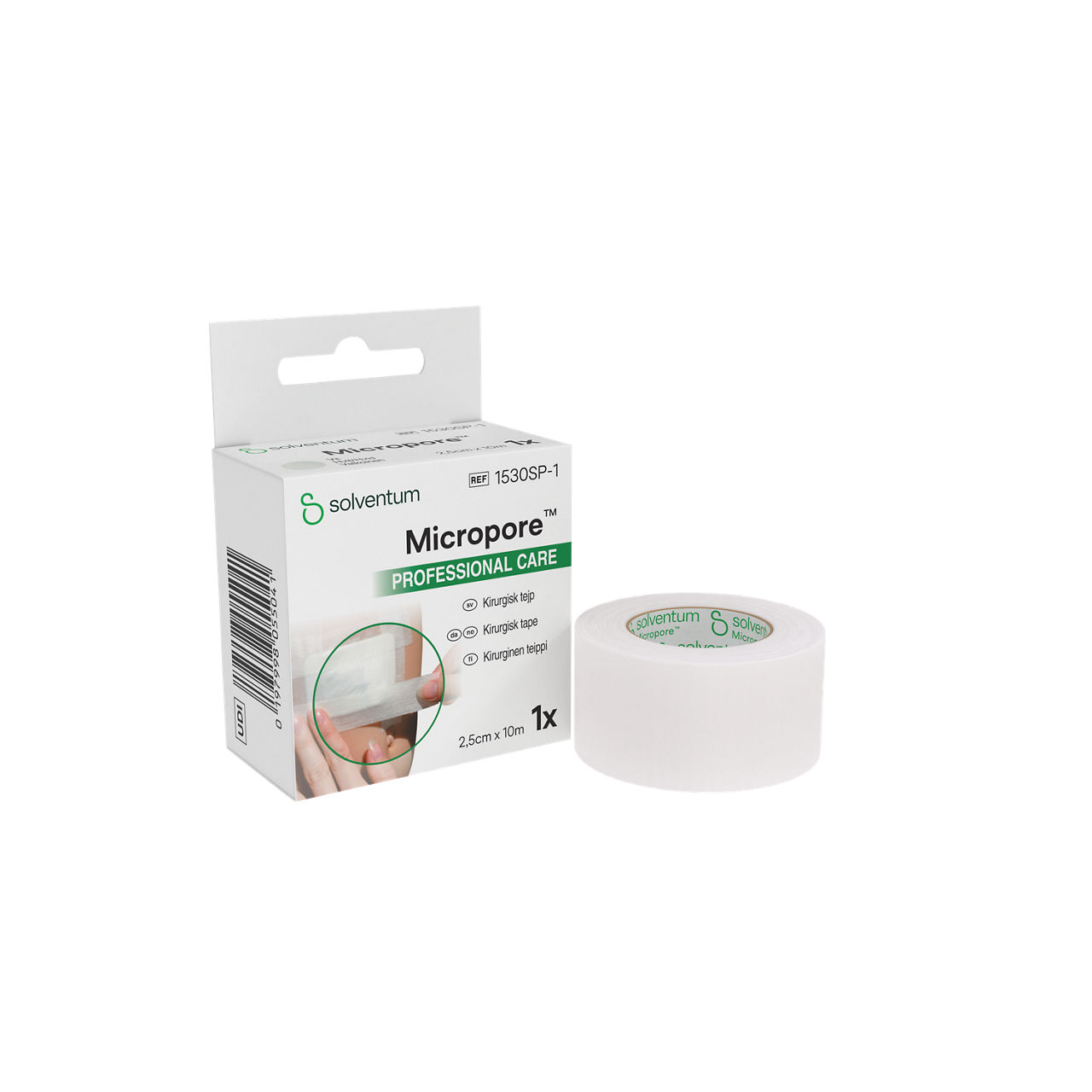 Solventum™ Micropore™ Surgical Tape, 1530SP-1, White, 1 in x 10.936 yd (2.5 cm x 10 m), 24/CS - Front, Left, In and Out of Packaging (1L10)