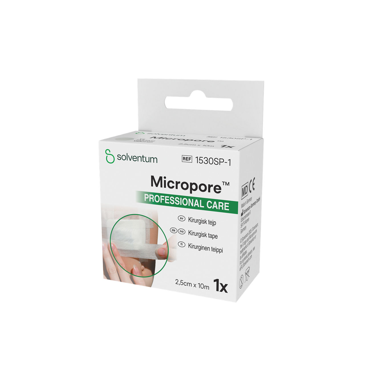 Solventum™ Micropore™ Surgical Tape, 1530SP-1, White, 1 in x 10.936 yd (2.5 cm x 10 m), 24/CS - Front, Right, In Packaging (1R1)