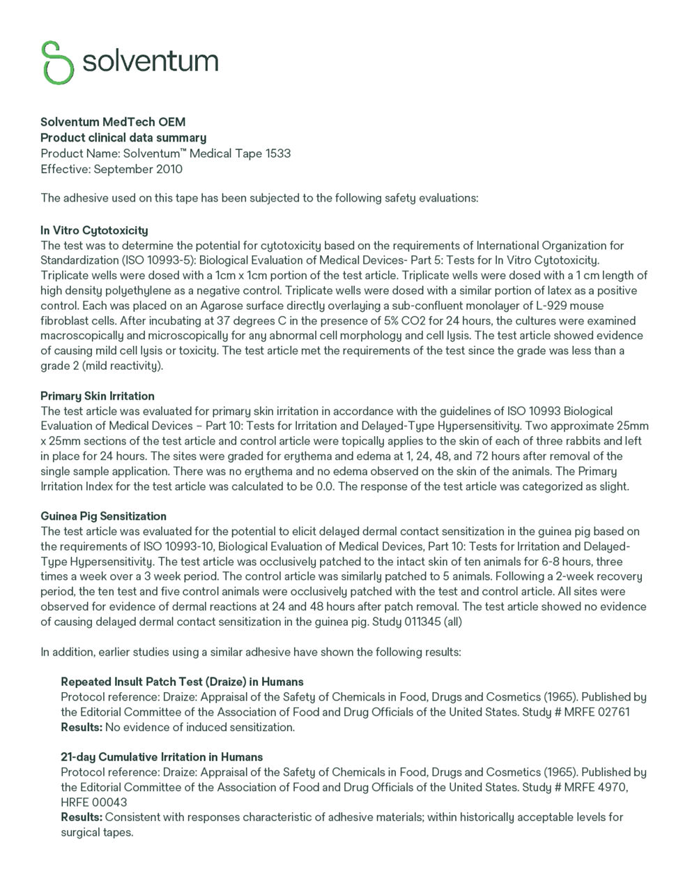 Solventum™ Medical Tape 1533, Clinical Data Summary
