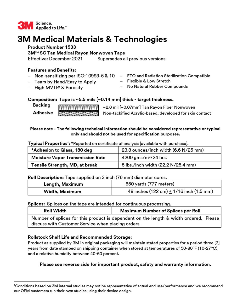 3M™ Medical Tape 1533, Technical Information Sheet