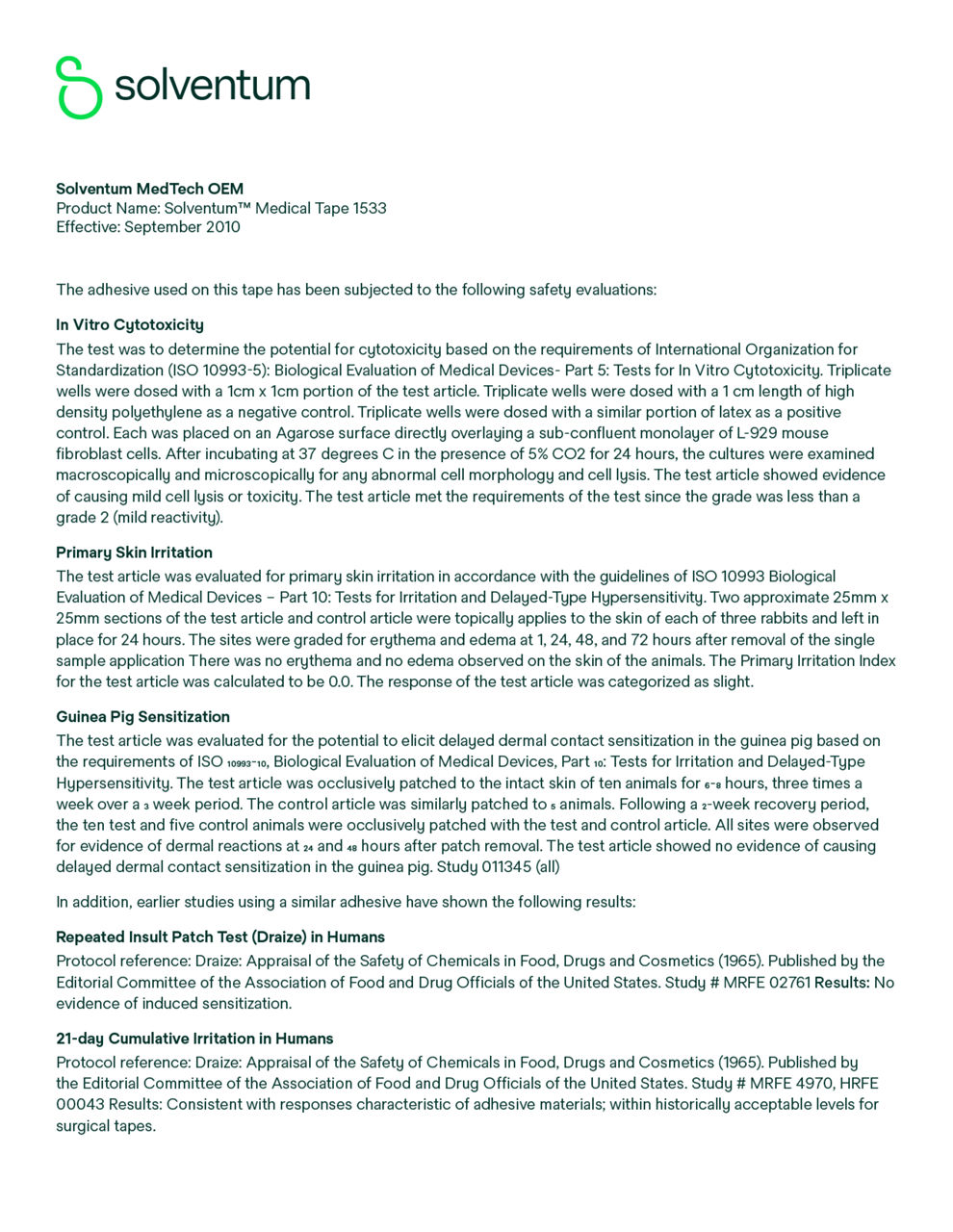 Solventum™ Medical Tape 1533, Biocompatibility Summary