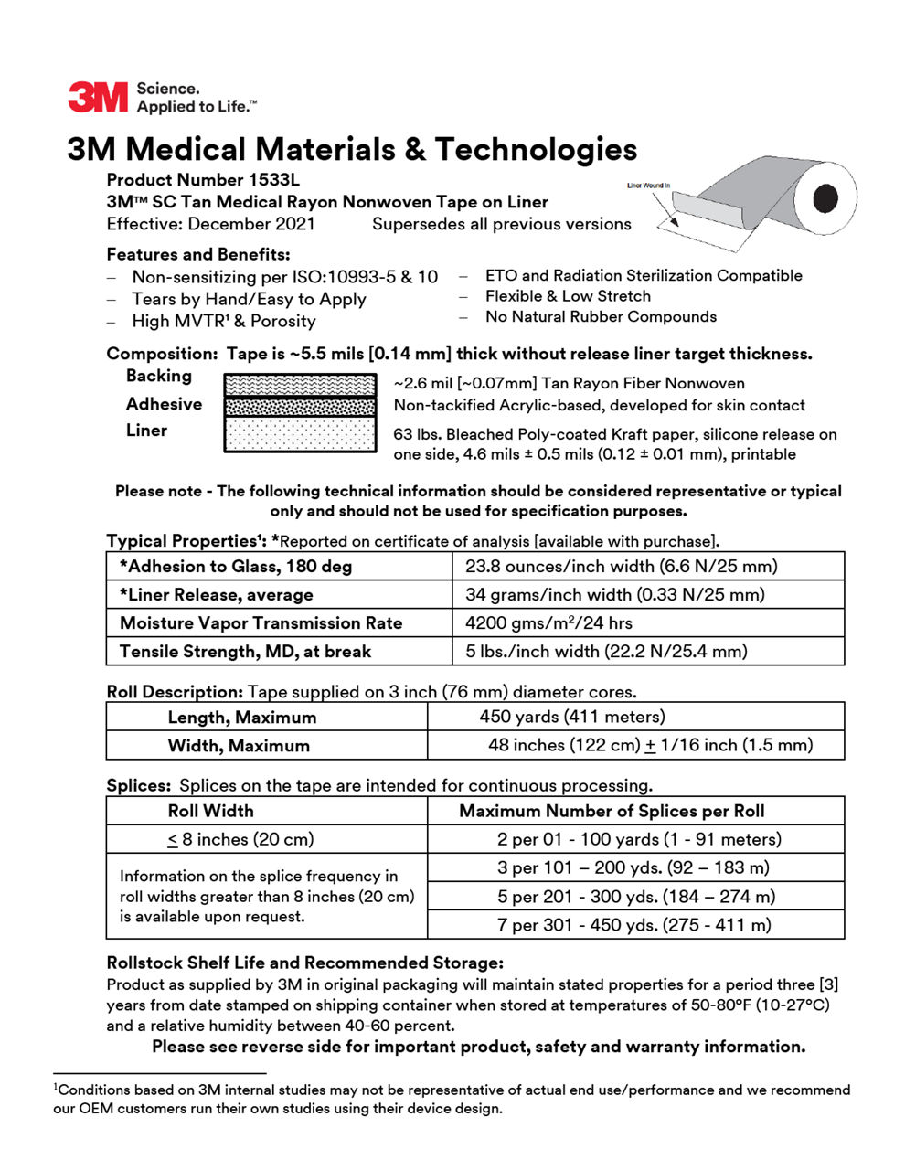 3M™ Medical Tape 1533L, Technical Information Sheet
