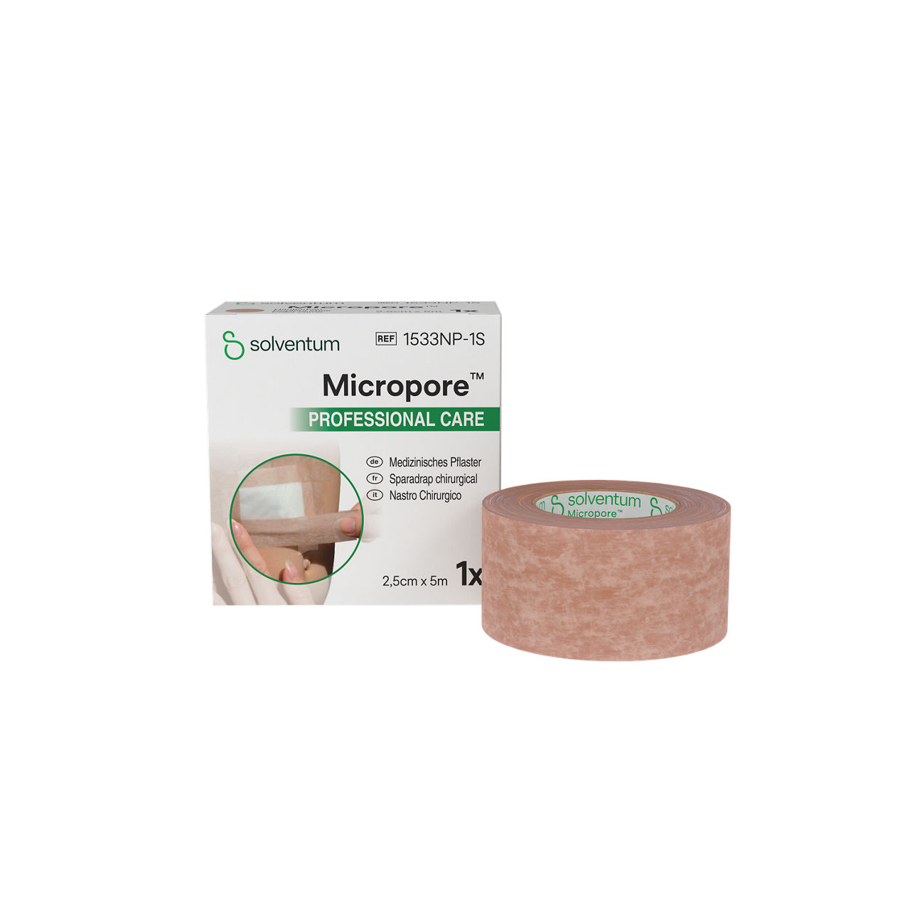 Solventum™ Micropore™ Professional Care Medizinisches pflaster, 1533NP-1S, hautfarben, 2,5 cm x 5 m (1 in x 5.5 yd), 12/CAR