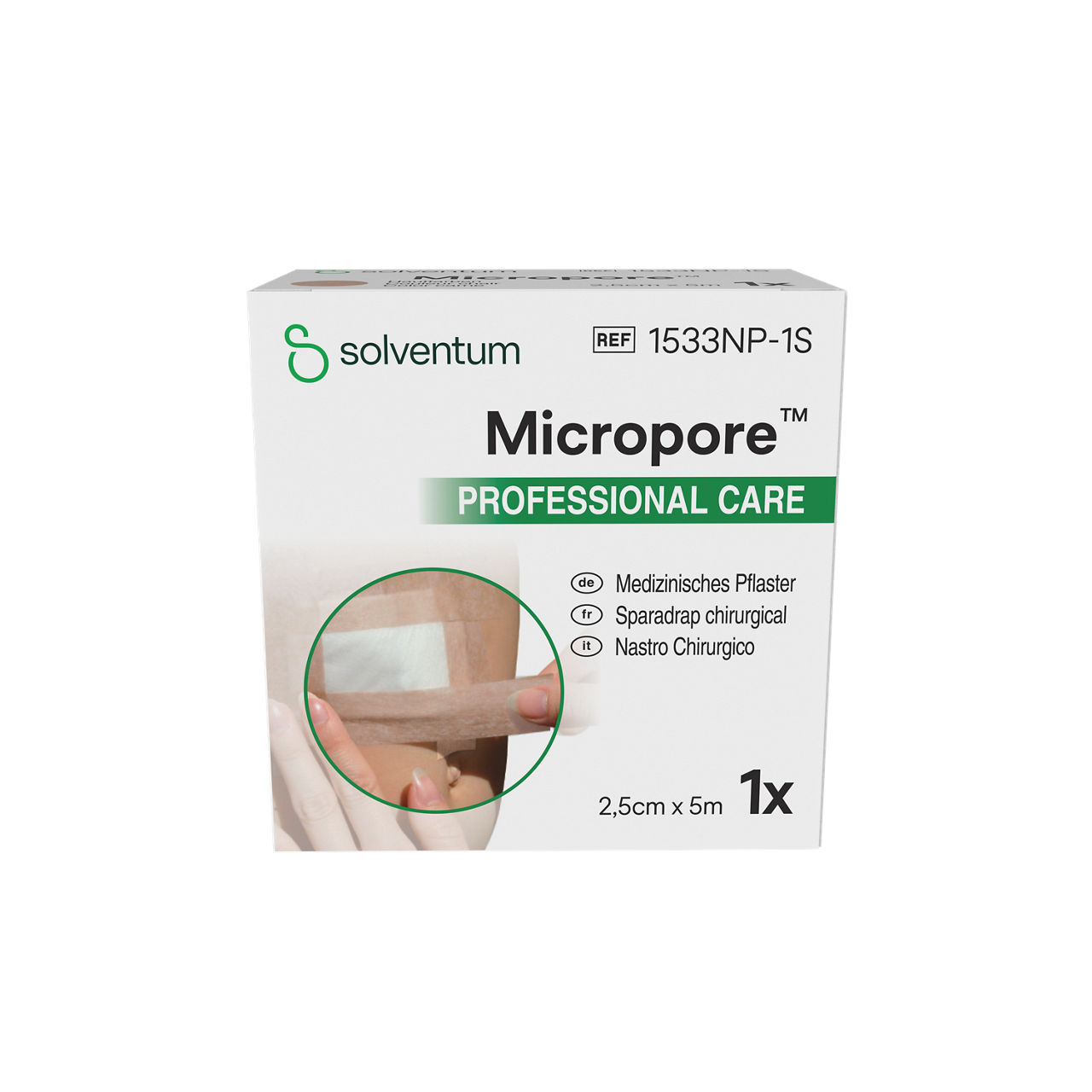 Solventum™ Micropore™ Tan Surgical Tape, 1533NP-1S, 1 in x 5.5 yd (2.5 cm x 5 m), 120/CS - Front, Center, In Packaging (1C1)
