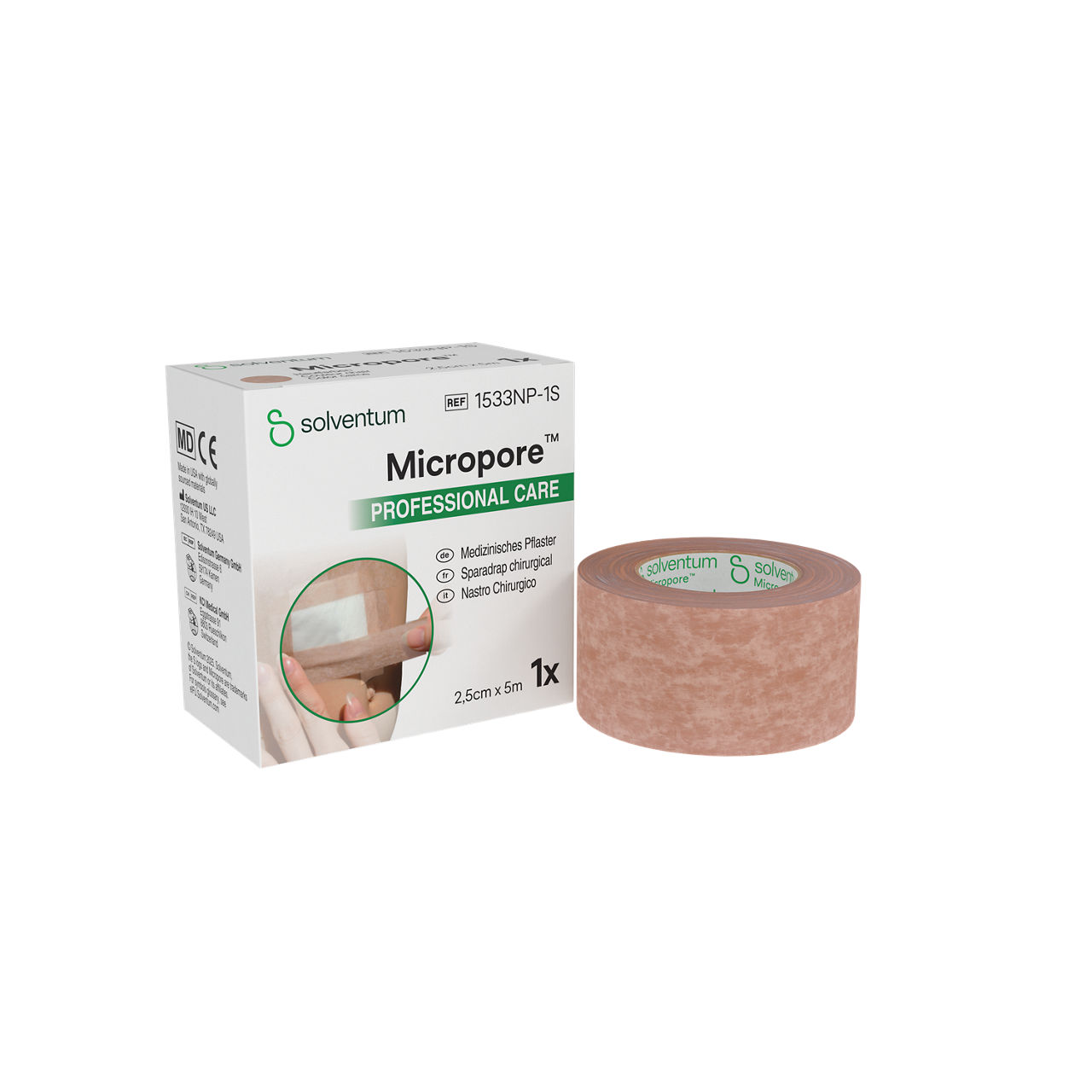 Solventum™ Micropore™ Tan Surgical Tape, 1533NP-1S, 1 in x 5.5 yd (2.5 cm x 5 m), 120/CS - Front, Left, In and Out of Packaging (1L10)
