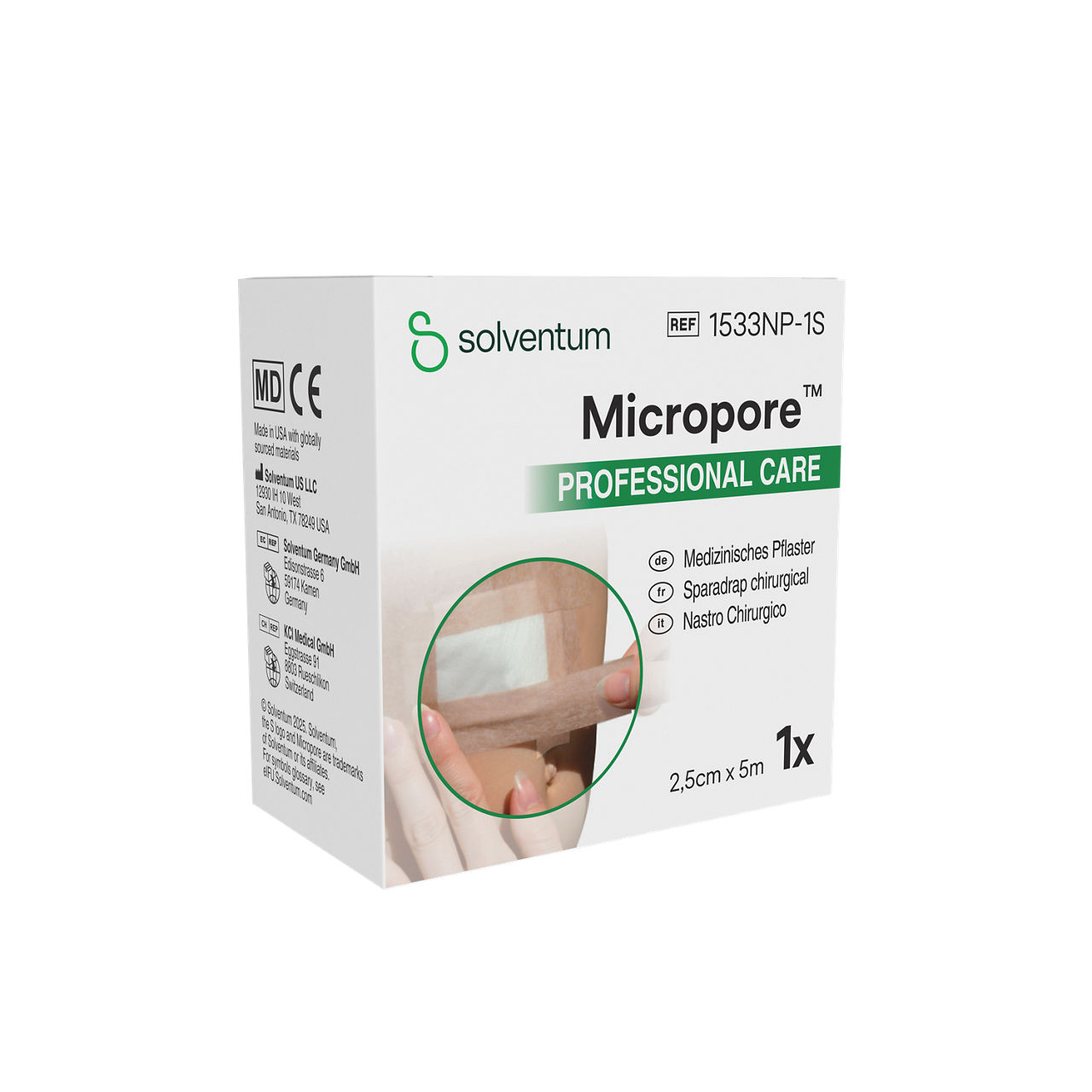 Solventum™ Micropore™ Tan Surgical Tape, 1533NP-1S, 1 in x 5.5 yd (2.5 cm x 5 m), 120/CS - Front, Left, In Packaging (1L1)