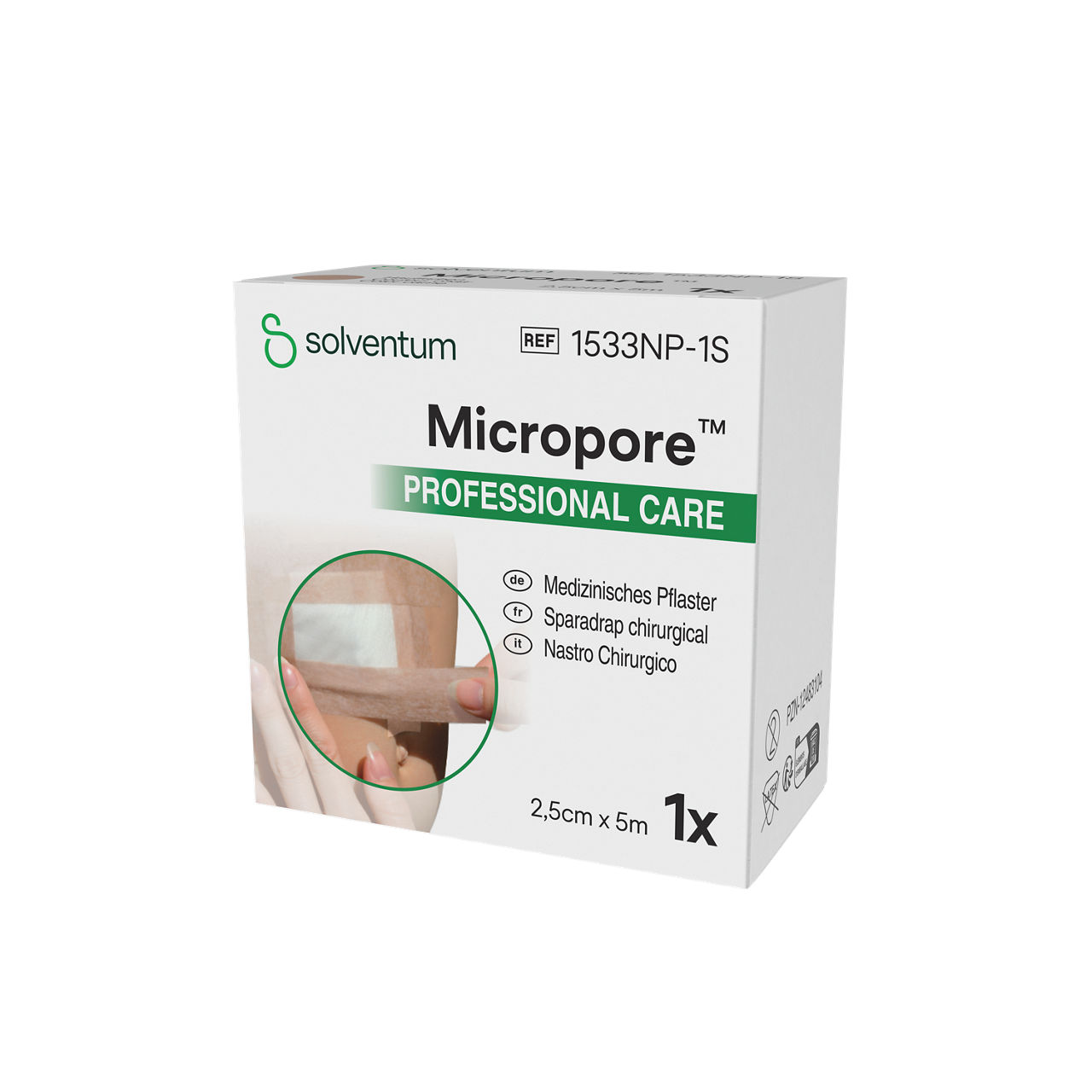 Solventum™ Micropore™ Tan Surgical Tape, 1533NP-1S, 1 in x 5.5 yd (2.5 cm x 5 m), 120/CS - Front, Right, In Packaging (1R1)